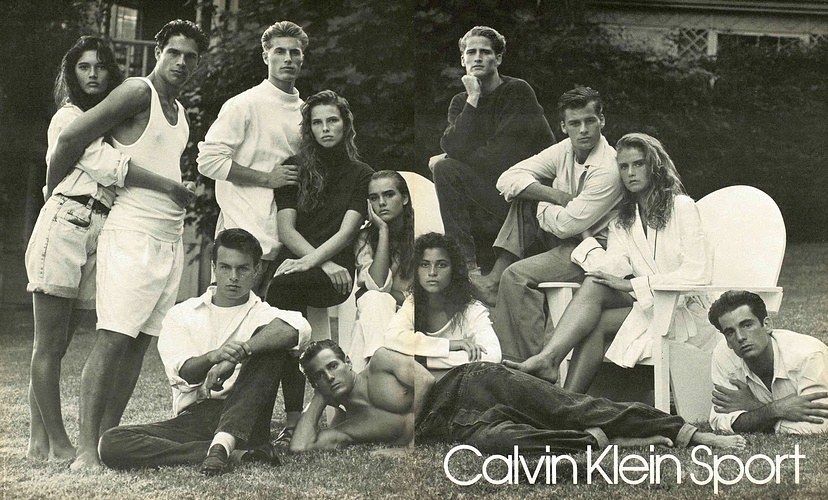 Calvin Klein Sport Spring Summer 1988 campaign — Peter Bjerg, Ted Stephenson, Eric Knorpp, Lance Palumbo, Oliver Anquier, Clayton Winans, Patrick Muldoon, Cynthia Lamontagne, Serena Rojas, Dionne Whittaker, Antonia Rizzo, Nicky Nagel — photograph by Bruce Weber